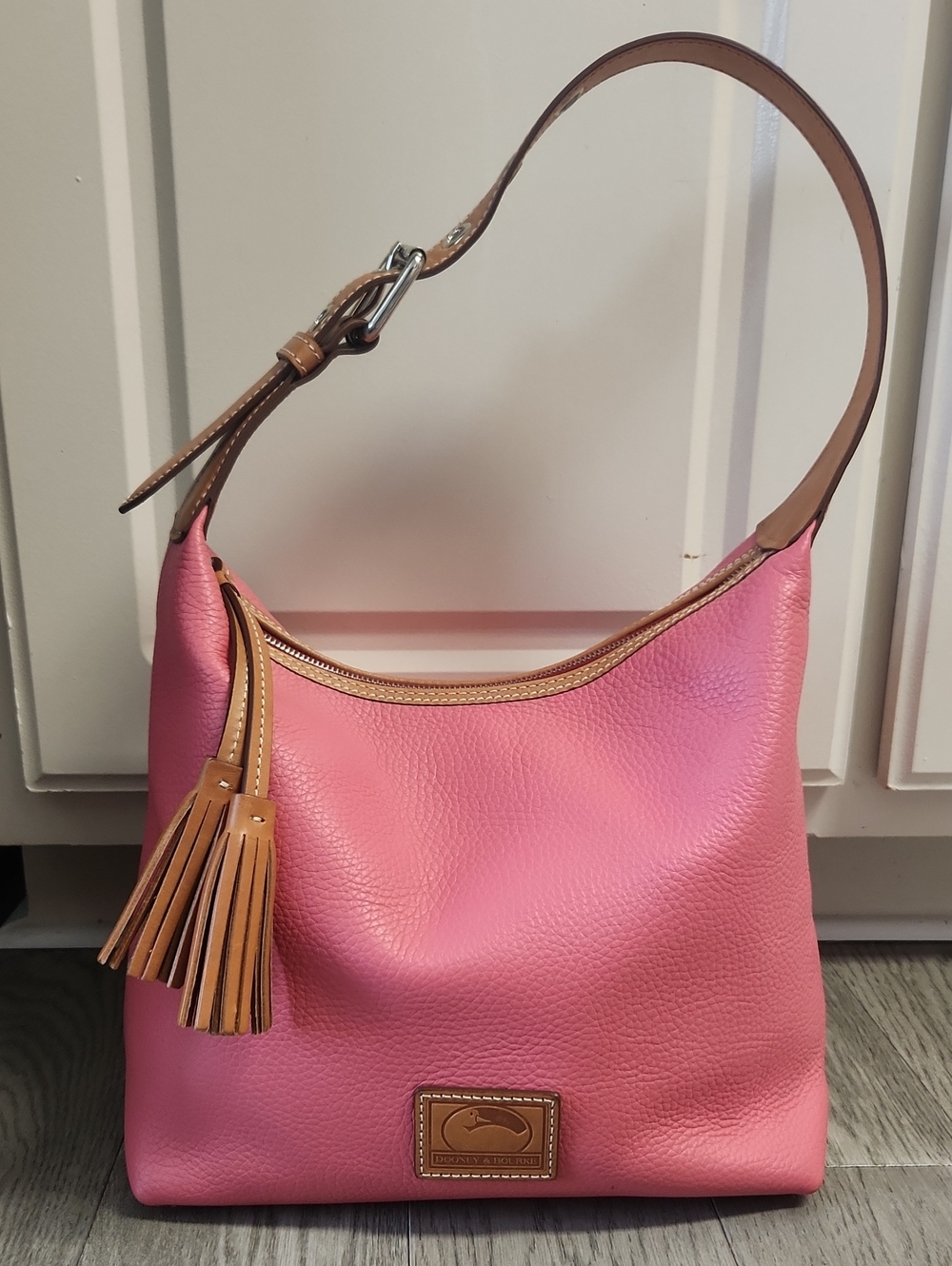 Dooney & Bourke Pink Pebbled Leather Shoulder Hobo with Tan Strap